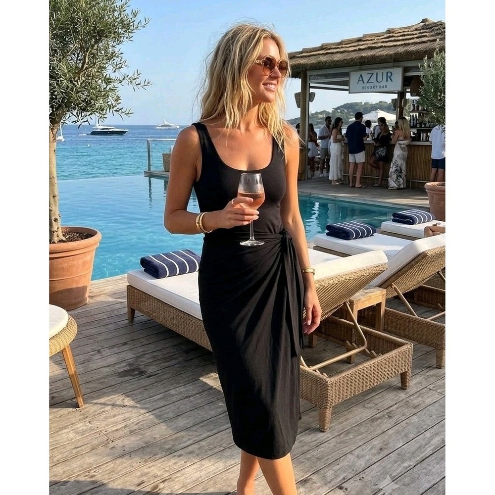 New Vince Women's Black Sleeveless Modal Scoop Neck Wrap Maxi Dress XS $245